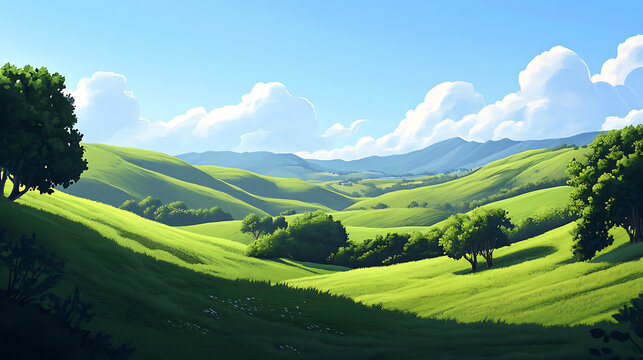 Rolling Green Hills Landscape with Blue Sky and Fluffy White Clouds Serene Summer Day