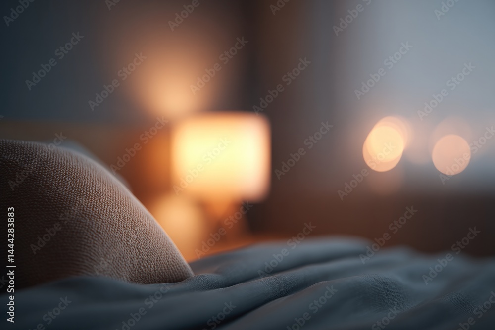 Poster cozy minimalistic bedroom setting with soft lighting and textures features blurred figures in backgr