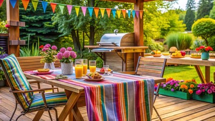 Obraz premium Colorful Outdoor Dining Area with Grill and Vibrant Decorations