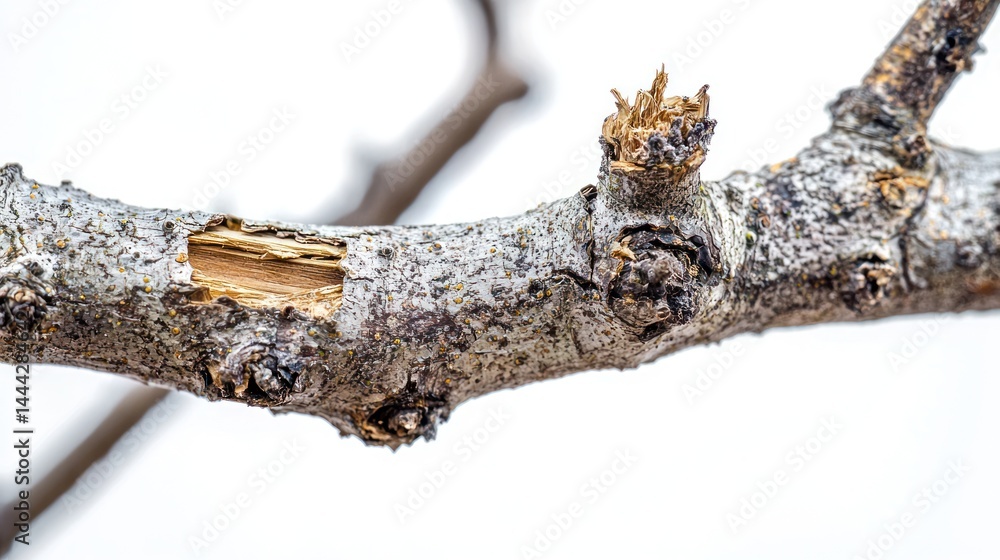 Poster a decayed and fractured willow branch with tiny splinters, macro detail, white background