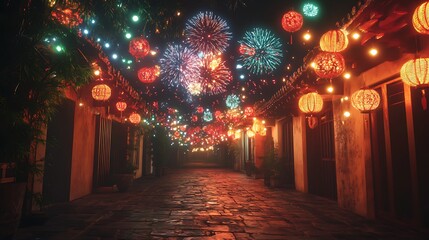 Nighttime alleyway with fireworks and lanterns