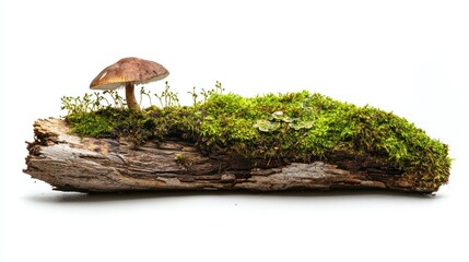 A decomposing wooden log covered in moss and featuring a sprouting mushroom, side perspective, white background.