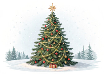 Fototapeta premium Top View of Christmas Fir Tree Decoration Isolated on White Background 