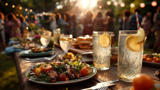 A table with a variety of food and drinks, including a pitcher of lemonade