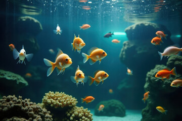 Naklejka premium Tropical sea underwater fishes on coral reef. Aquarium oceanarium wildlife colorful marine panorama landscape nature snorkel diving 