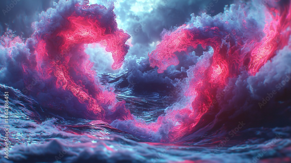 Poster beautiful ocean wave captured in an abstract style with soft ambient glow and fractal patterns creat