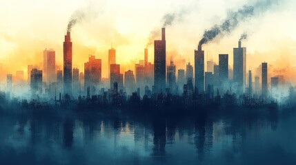 Fototapeta premium Smog-Shrouded Metropolis: A Cityscape at Sunset