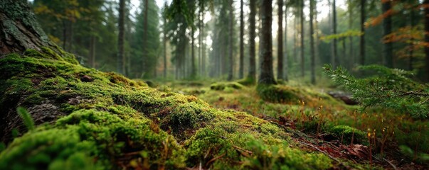 Obraz premium Green moss across peaceful landscape with natural beauty concept. Lush forest scene with moss-covered ground and sunlight filtering through.