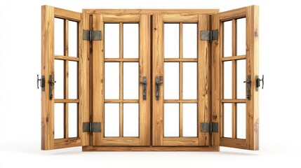 A group of wooden windows with metal hinges and natural wood finish on a white background.