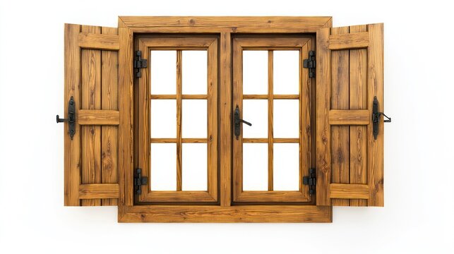 Fototapeta A group of wooden windows with metal hinges and natural wood finish on a white background.