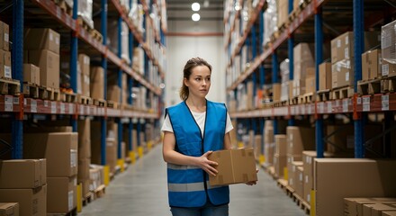 Warehouse Worker Woman Carrying Cardboard Box in Industrial Logistics Facility