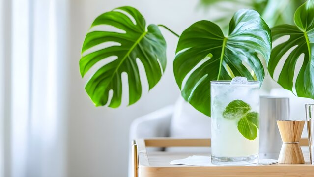 A refreshing cocktail served in a tall glass, garnished with mint leaves, accompanied by large green tropical leaves. Concept Refreshing Cocktail, Tall Glass Presentation, Mint Leaf Garnish