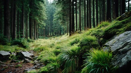 Fototapeta premium Green moss along beautiful grass with calm landscape concept. Lush green forest pathway with grass and stones under trees.
