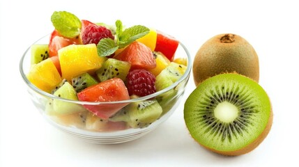 A kiwi peel next to a bowl of fruit salad, isolated on white