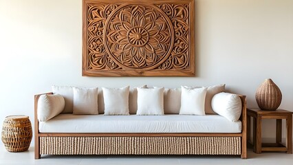 A stylish living room featuring a wooden wall art piece, a modern sofa with cushions, a woven basket, and a side table. Concept Stylish Living Room, Wooden Wall Art, Modern Sofa Design