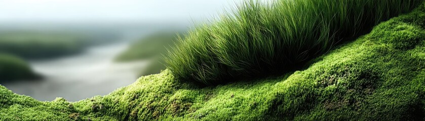 Green moss along beautiful grass with calm landscape concept. Lush green grass covering a tranquil riverbank landscape.
