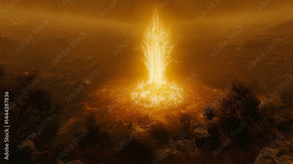 Poster fiery blaze in the middle of a mountain captured in backlit silhouette from a drone view highlightin