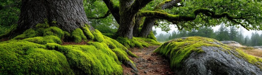 Obraz premium Green moss on beautiful landscape with natural colours concept. Lush green forest with moss-covered rocks.