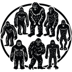 Epic Bigfoot Silhouette Vector Collection Featuring Forest, Mountain, and Mythical Cryptid Scenes in Minimalist Black Style