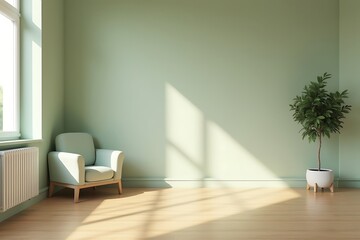 Fototapeta premium Light Green Armchair in Minimalist Room with Plant and Sunlight Streaming Through Window, Ideal for Design Mockups 