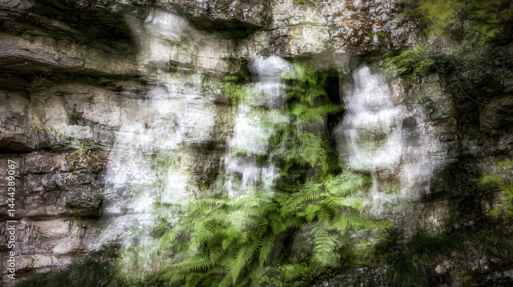 Poster a majestic waterfall cascading through a lush forest surrounded by greenery and soft light creating 