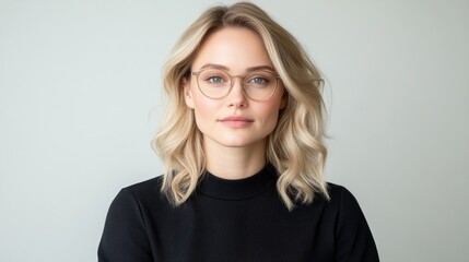 Fototapeta premium Young blonde woman wearing round glasses and a black turtleneck sweater looks confidently at the camera in a studio setting.