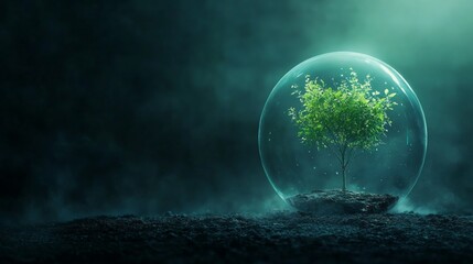 single glowing tree inside a glass dome in a dead wasteland, sci-fi environmental theme, dark skies, green light, nature preservation.
