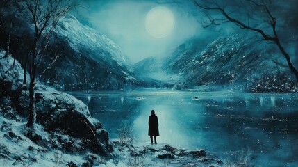 Solitary figure by a frozen lake under a full moon, winter landscape.