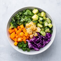 Top view of vegetarian food bowl with colorful vegetables, white plate, white background.