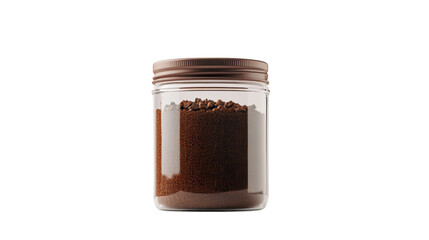 Glass jar filled with ground coffee beans.