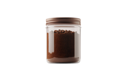 Glass jar filled with ground coffee beans.