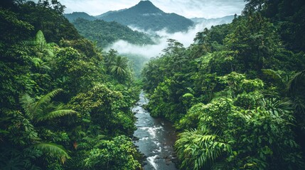 A narrow rainforest stream meandering through dense jungle with misty peaks beyond, on white