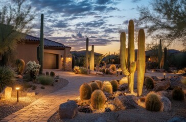 Obraz premium Close-up of cactus in desert with soft evening light, dry