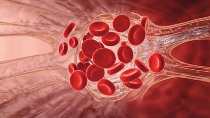 Illustration of red blood cells flowing through a blood vessel in the human body.