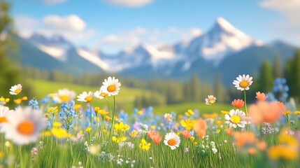 Fototapeta premium Vibrant meadow flowers, mountains in the background