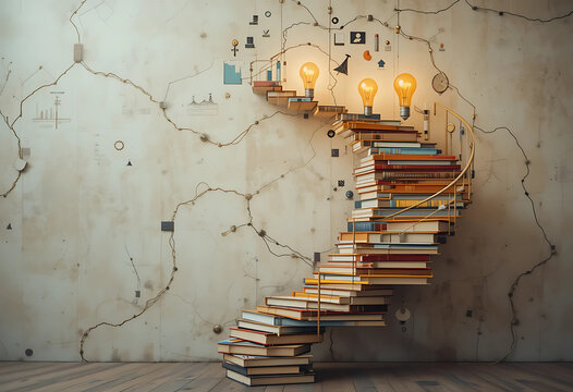 A spiral staircase made of books, charts, and lightbulbs — symbolizing learning and growth in business, warm colors, motivational vibe.