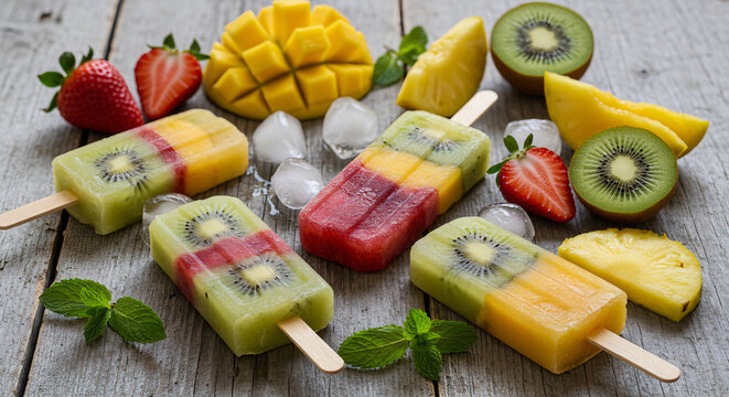 Homemade Tropical Fruit Popsicles Still Life - Healthy Summer Ice Lolly Dessert Photo - Fresh Refreshing Frozen Treat Stock Image