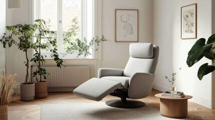 Naklejka premium Modern recliner in serene living room with plants