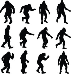 Epic Bigfoot Silhouette Vector Collection Featuring Forest, Mountain, and Mythical Cryptid Scenes in Minimalist Black Style