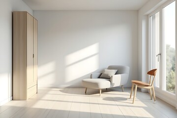 Fototapeta premium Bright Interior: Armchair and Wooden Chair by a Window, with Sunlight on White Walls 