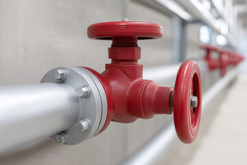 Close-up of a red fire maintenance valve on a pipe in a building. Fire safety system concept with copy space. 