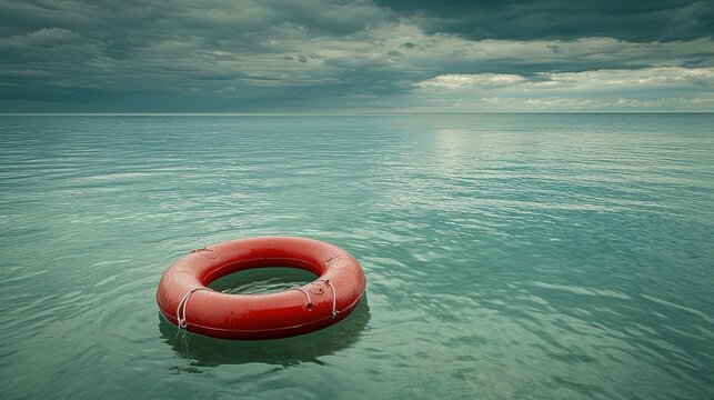 Red lifebuoy floats on the serene turquoise sea water