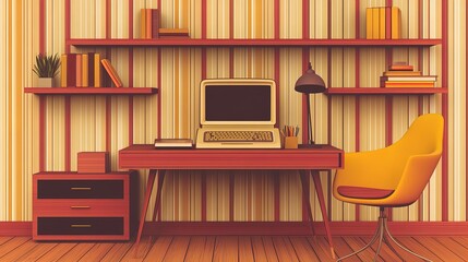 elevate your productivity: minimalist workspace with floating shelves and monochrome decor - perfect for a home office poster or stylish interior design inspiration!