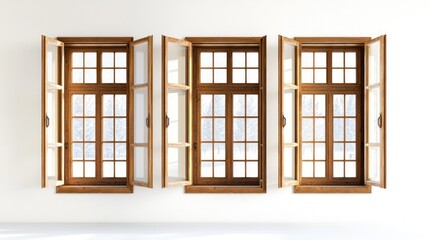 A series of wooden windows in varying sizes with white frames and clear glass on a white background.