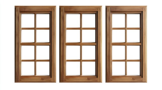 Fototapeta A set of square wooden windows with minimalist designs and smooth surfaces on white background.