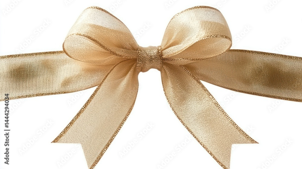 Poster close-up of an elegant golden ribbon bow on a clean white background symbolizing celebration adornme