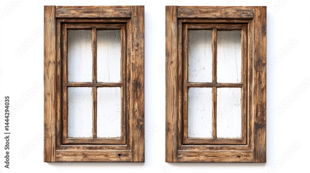 Poster a set of two wooden windows with beveled edges and a rustic distressed finish on white background.