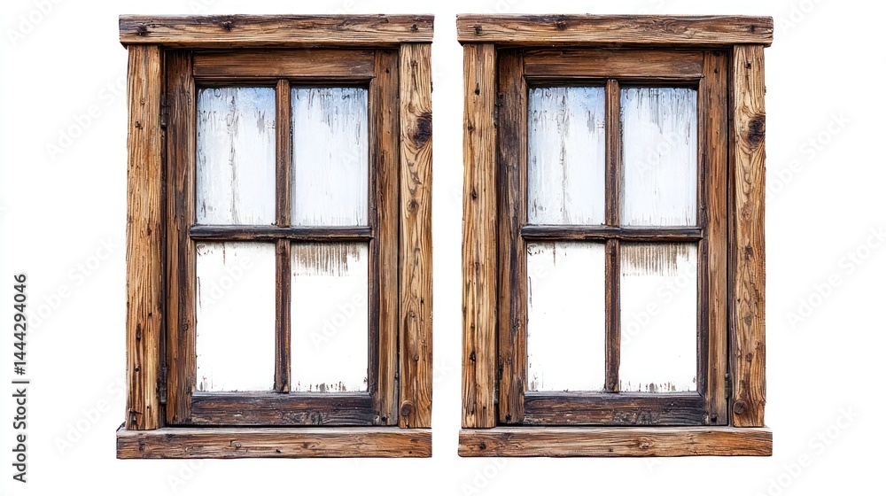 Poster a set of two wooden windows with beveled edges and a rustic distressed finish on white background.