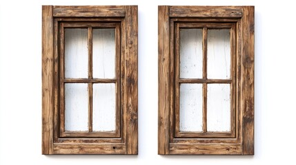 A set of two wooden windows with beveled edges and a rustic distressed finish on white background.