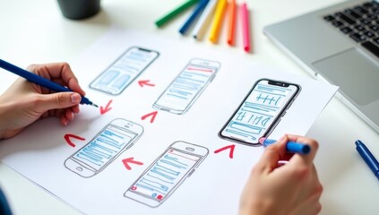 A businesswoman's hand uses a pen to write on a document with financial charts, while another hand holds a calculator during office paperwork